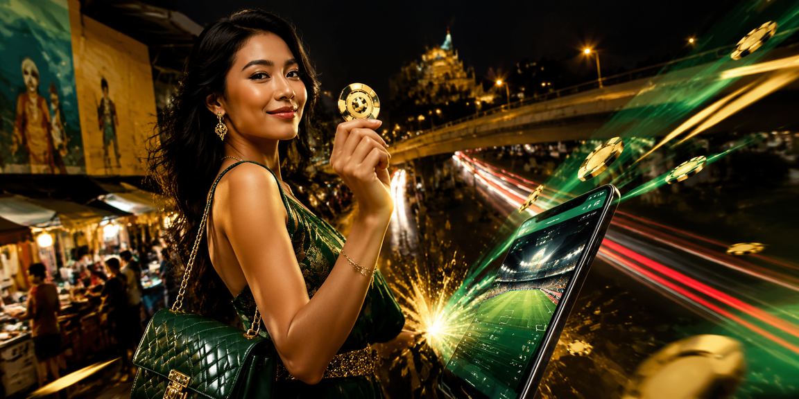 Suasana malam pasar penuh cahaya dengan aktivitas taruhan casino yang meriah