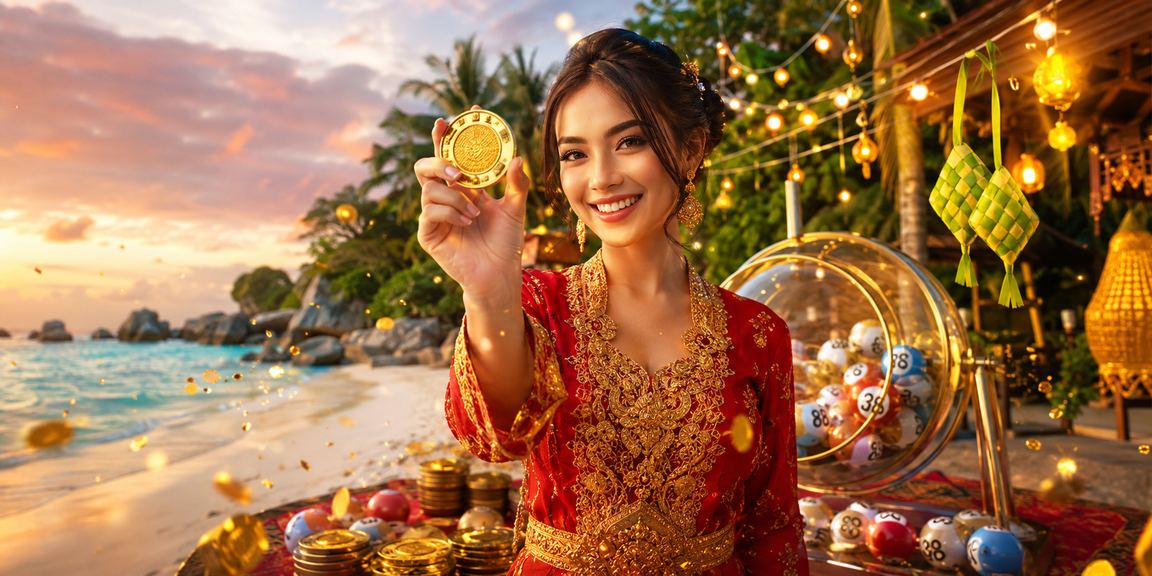 Suasana pantai dengan kegiatan lotere yang santai dan menyenangkan